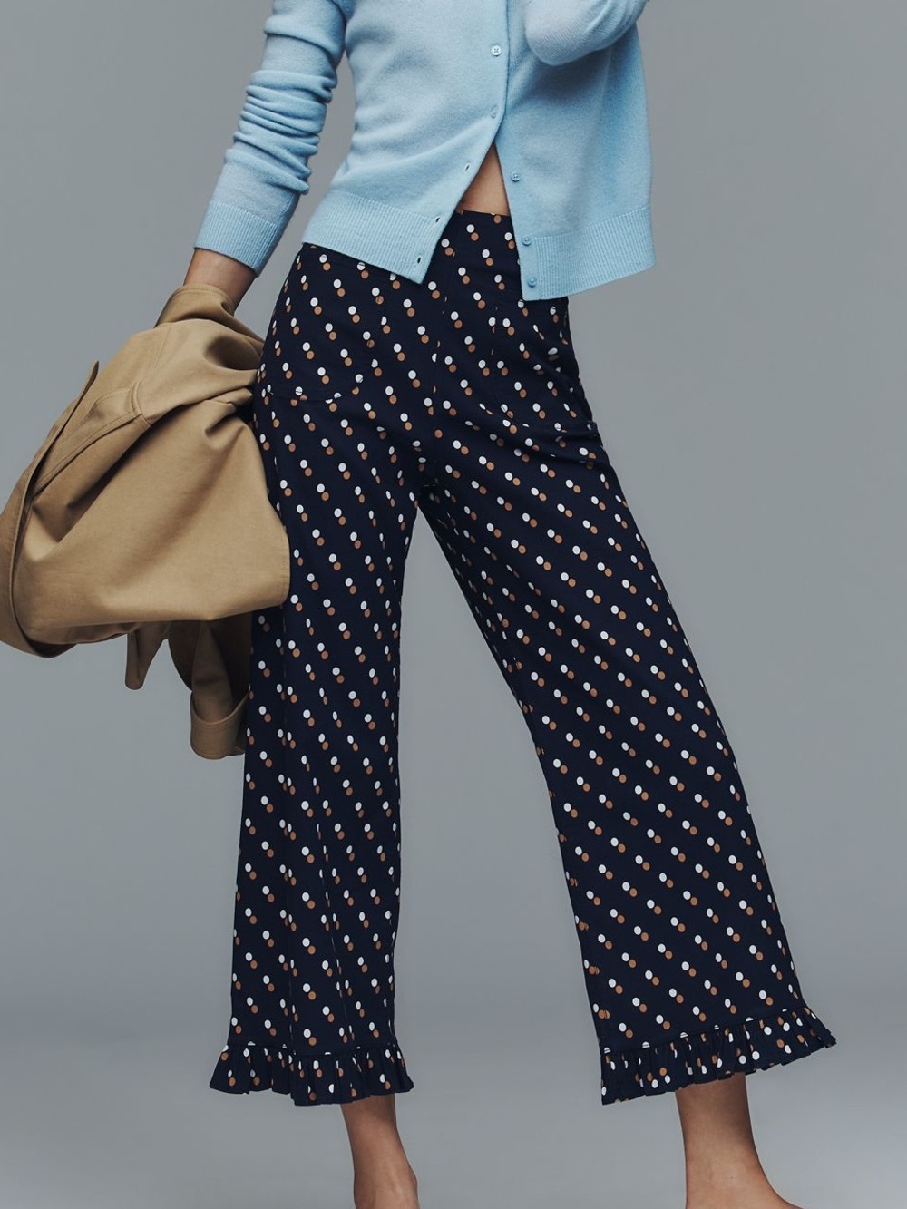 Anthropologie Colette Pants Maeve Cropped Wide Leg Ruffle Hem New 26 Navy Dot